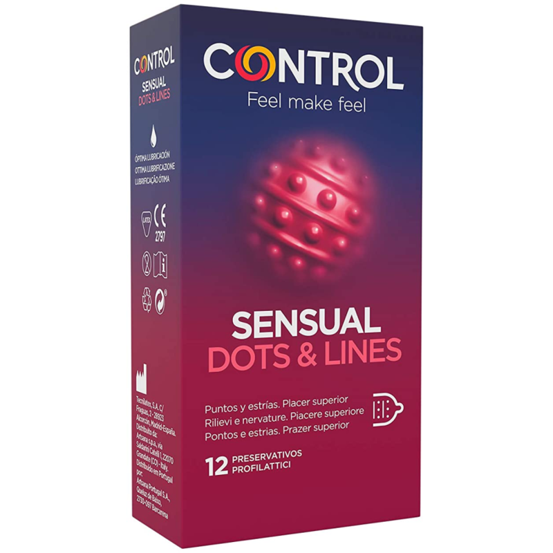 Prezerwatywy Control Sensual Dots & Lines z wypustkami i prążkami, 12 sztuk