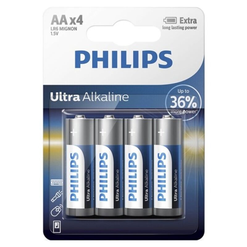 Baterie alkaliczne AA, zestaw 4 sztuki, długa żywotność, wysoka wydajność, idealne do urządzeń PHILIPS