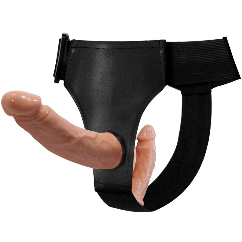 Zestaw BAILE z uprzężą, dwoma żebrowanymi dildo i regulowanym pasem