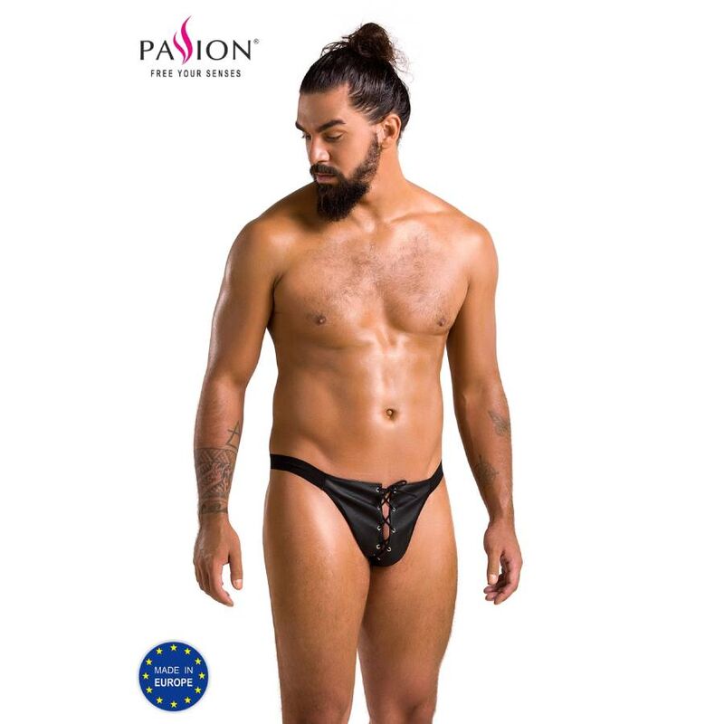 Otwarty slip jockstrap z PU, podkreślający sylwetkę, czarny, rozmiar S M PASSION