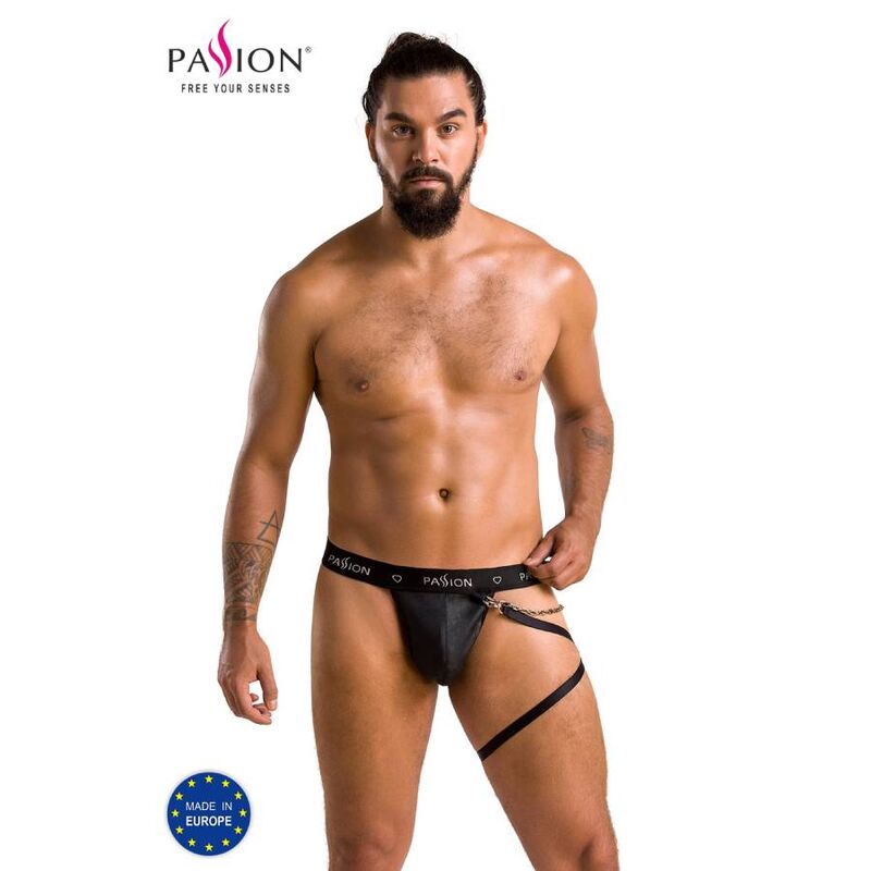Męskie stringi typu tanga z efektem wet look, skąpy krój i zmysłowy wygląd PASSION