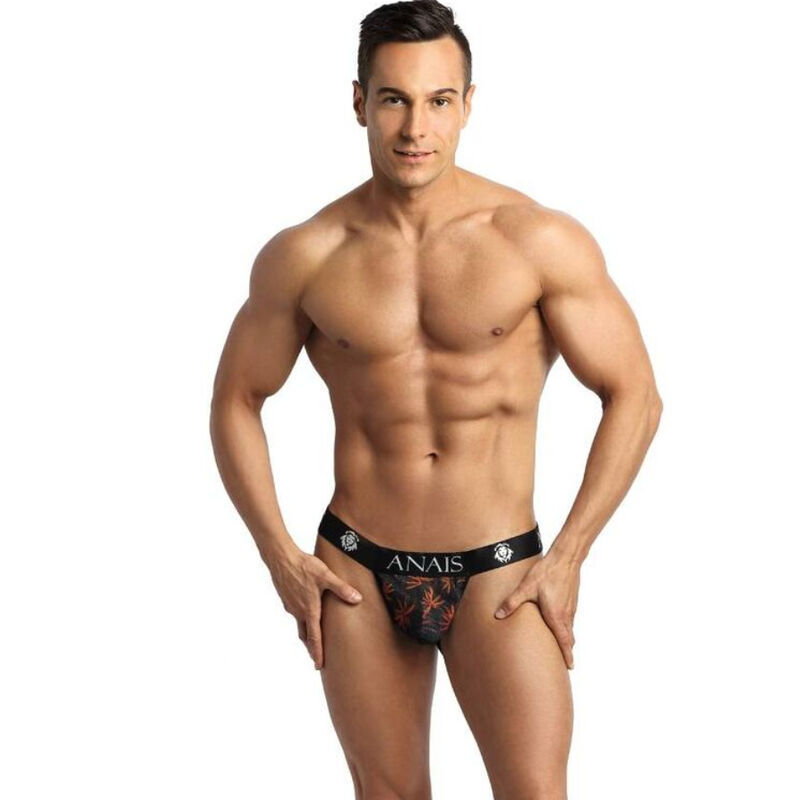 Jockstrap z przewiewnego tiulu w letni wzór z palmami, o dopasowanym kroju ANAIS