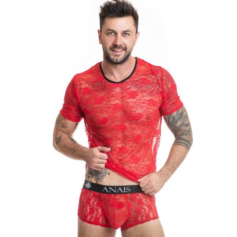 Obcisły męski T shirt z czerwoną koronką i kwiatowym nadrukiem, elastyczny i wygodny ANAIS MEN