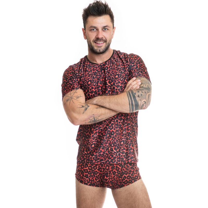 Dopasowany czerwony T shirt męski z mikrofibry i nadrukiem animal print ANAIS