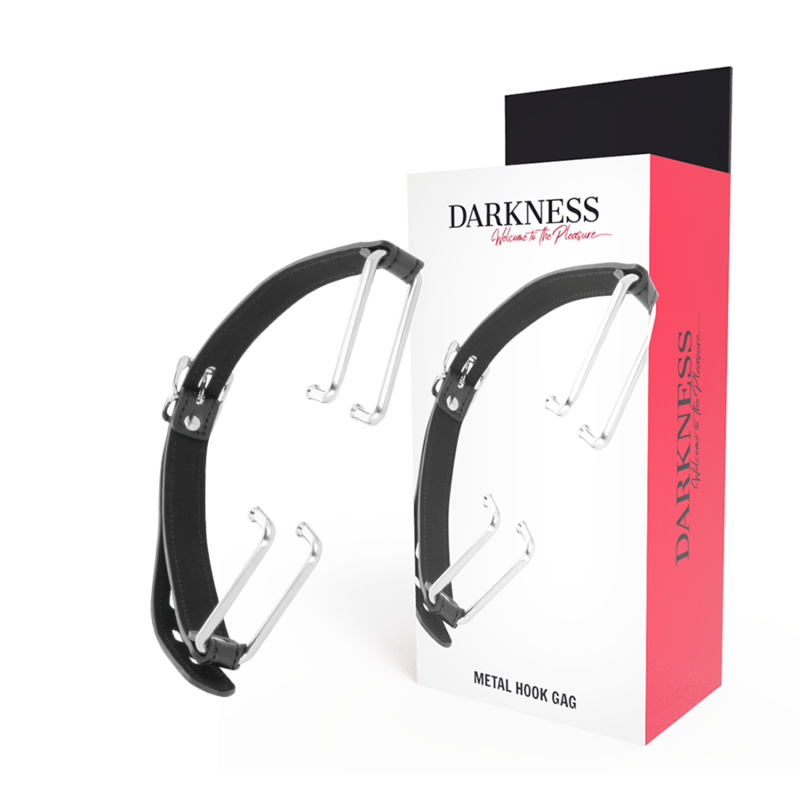 Knebel DARKNESS BONDAGE ze skórzanymi paskami i hakiem, czarny