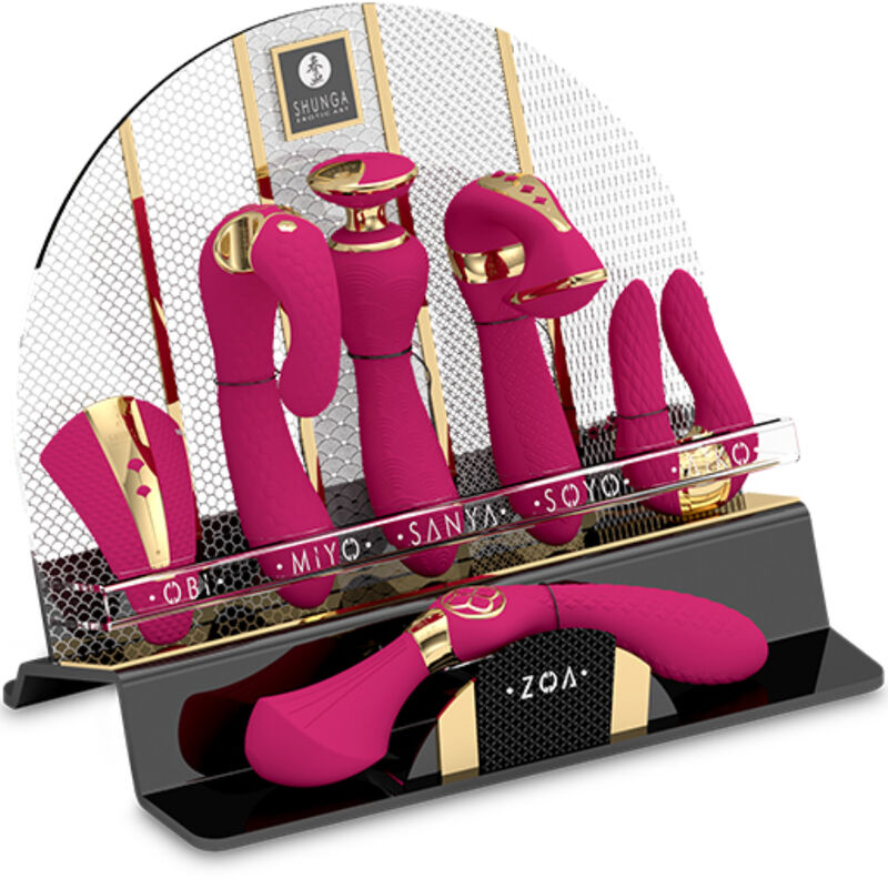 Ekspozytor masażerów intymnych z 6 wibratorami w kolorze fuksji do prezentacji klientom SHUNGA