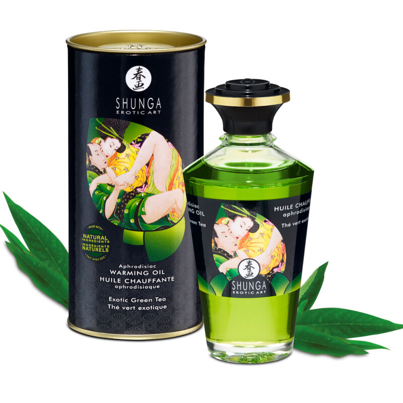 Olejek do masażu Shunga o zapachu zielonej herbaty z efektem rozgrzewającym, 100 ml