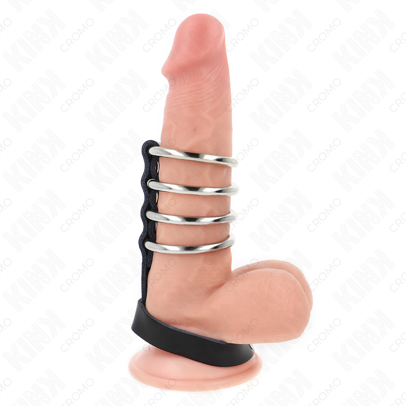 Pierścień na penisa KINK bez wibracji, z czterema metalowymi obręczami i skórzanym paskiem