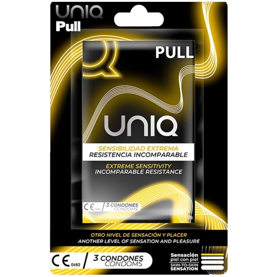 Bezlateksowe prezerwatywy UNIQ Pull z uchwytami do rozwijania, 3 sztuki