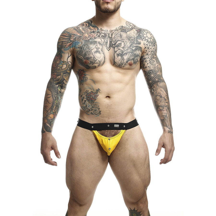 Sportowy jockstrap z ekoskóry z podtrzymującą kieszenią, żółty MaleBasics