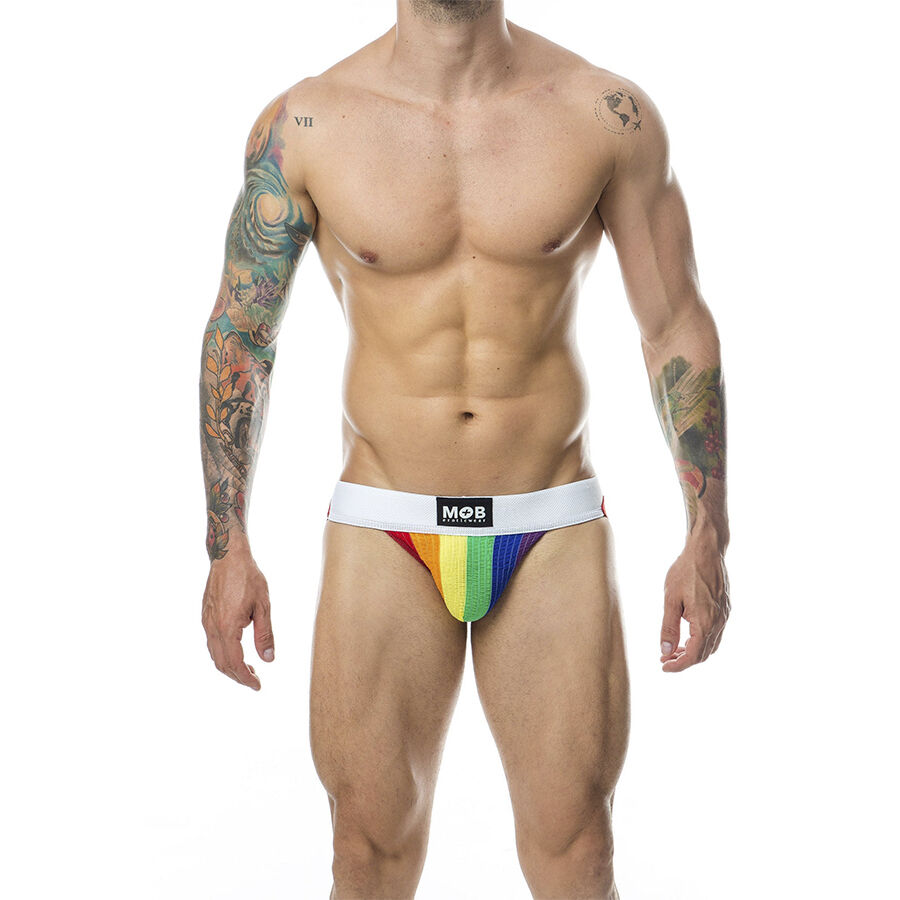 Męskie stringi jockstrap w tęczowych kolorach z bawełnianą kieszonką dla komfortu MOB