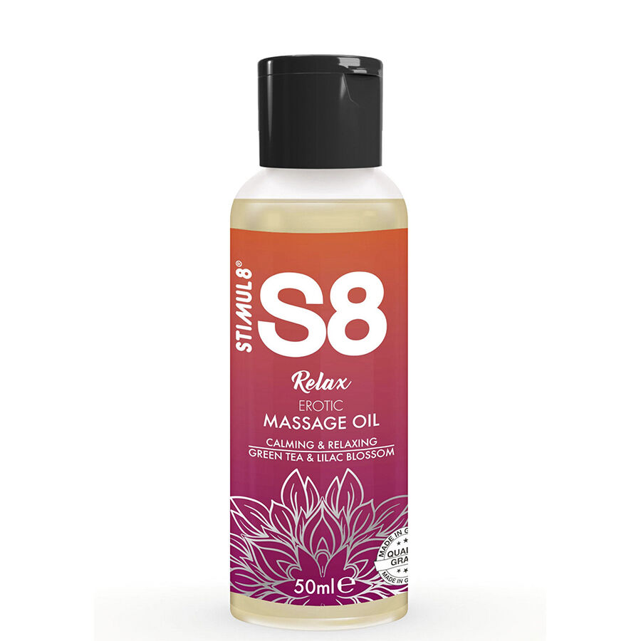 Olejek do masażu STIMUL8 S8 Relax o zapachu zielonej herbaty i kwiatów bzu, 50 ml
