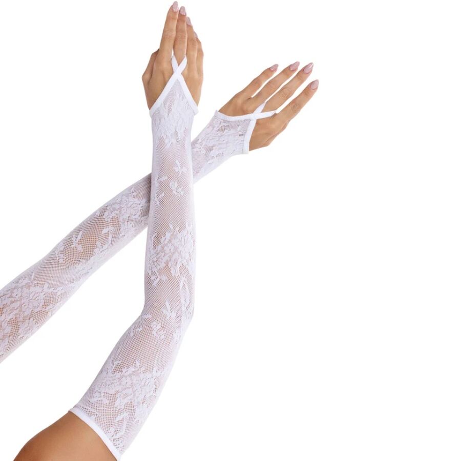 LEG AVENUE wyjątkowo długie mitenki w kwiatowy wzór, białe