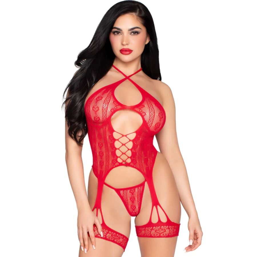 Czerwone koronkowe body Leg Avenue z pasem do pończoch i stringami