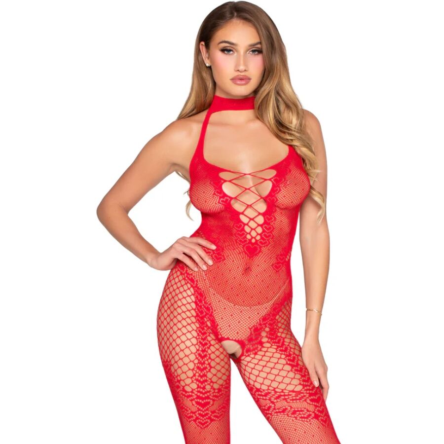 Czerwone body Leg Avenue w kropki, z otwartym krokiem