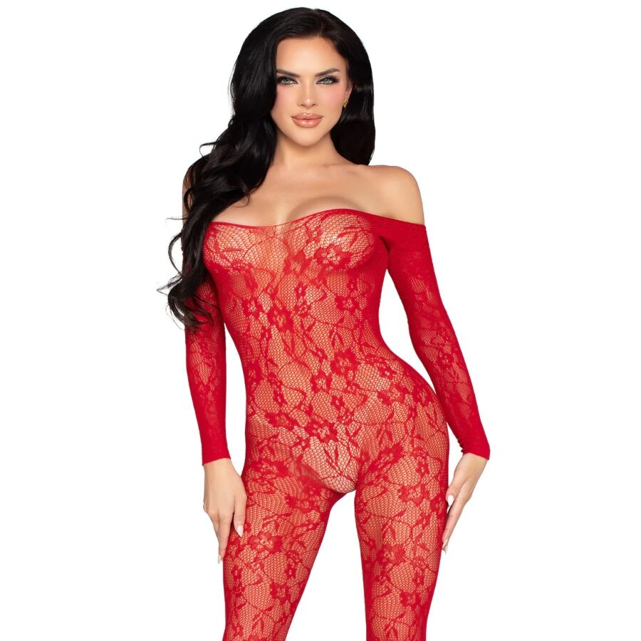 Body Leg Avenue z czerwonej koronki w kwiaty