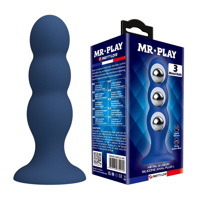 Niebieski korek analny MR PLAY z kulkami ze stali nierdzewnej i przyssawką