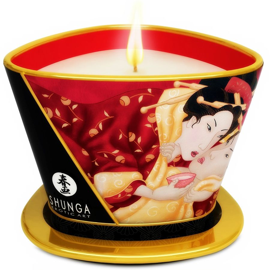 Shunga Mini Caress świeca do masażu o zapachu truskawek i cava, 170 ml