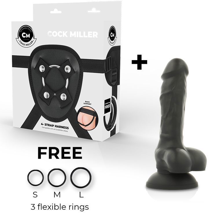 COCK MILLER uprząż + silikonowy, ruchomy dildo o podwójnej gęstości, czarny, 13 cm
